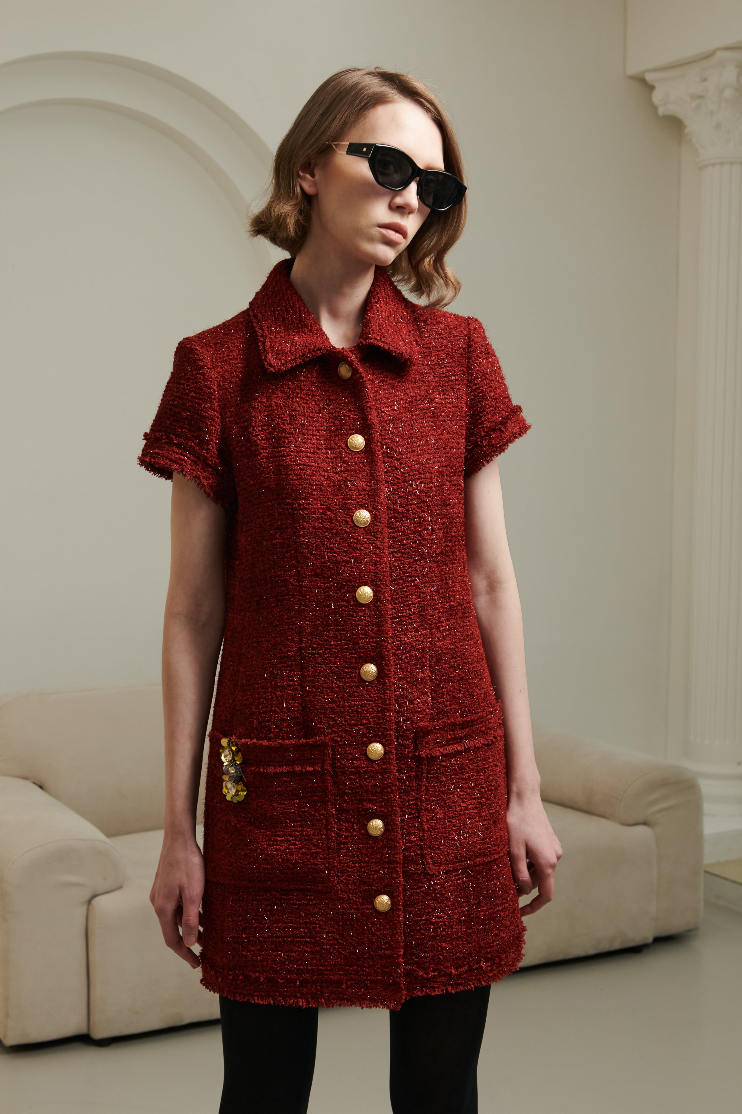 slim fit dress slacks Gold Button Tweed Dress and Jacket Set main image 0